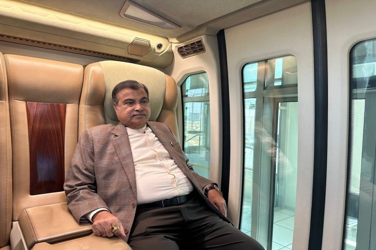 Gadkari Takes Test Ride Of Sky Bus In Sharjah; uSky Technology, iSky Mobility Join To Bring Services To India